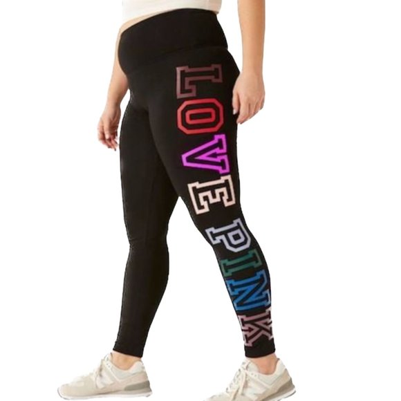 Victoria's Secret Pink Black Cotton Leggings Multicolored Love Pink - Picture 1 of 4